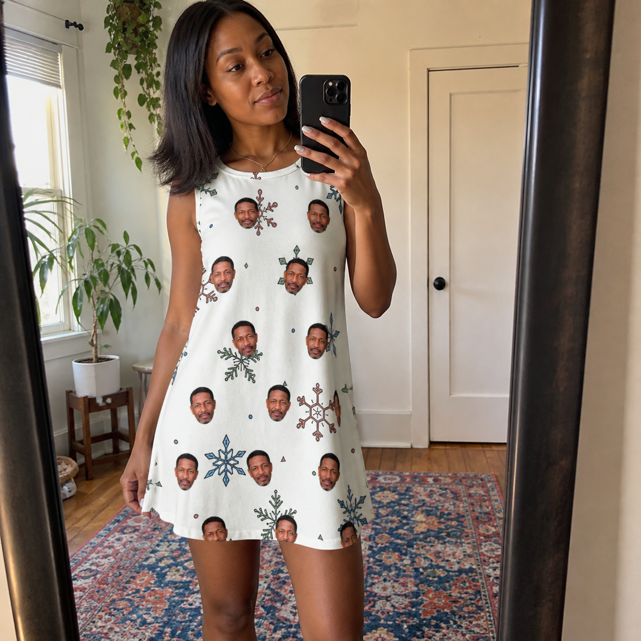 Real-life photo of someone wearing Women's Tinsel Tumble Custom Face Tank Dress — custom faces printed all-over