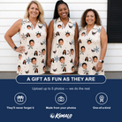 Friends in matching Women's Tinsel Tumble Custom Face V-Neck Dress — a group gift photo