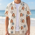 Man wearing Men's Tinsel Tumble Custom Face Hawaiian Shirt open over a white tee