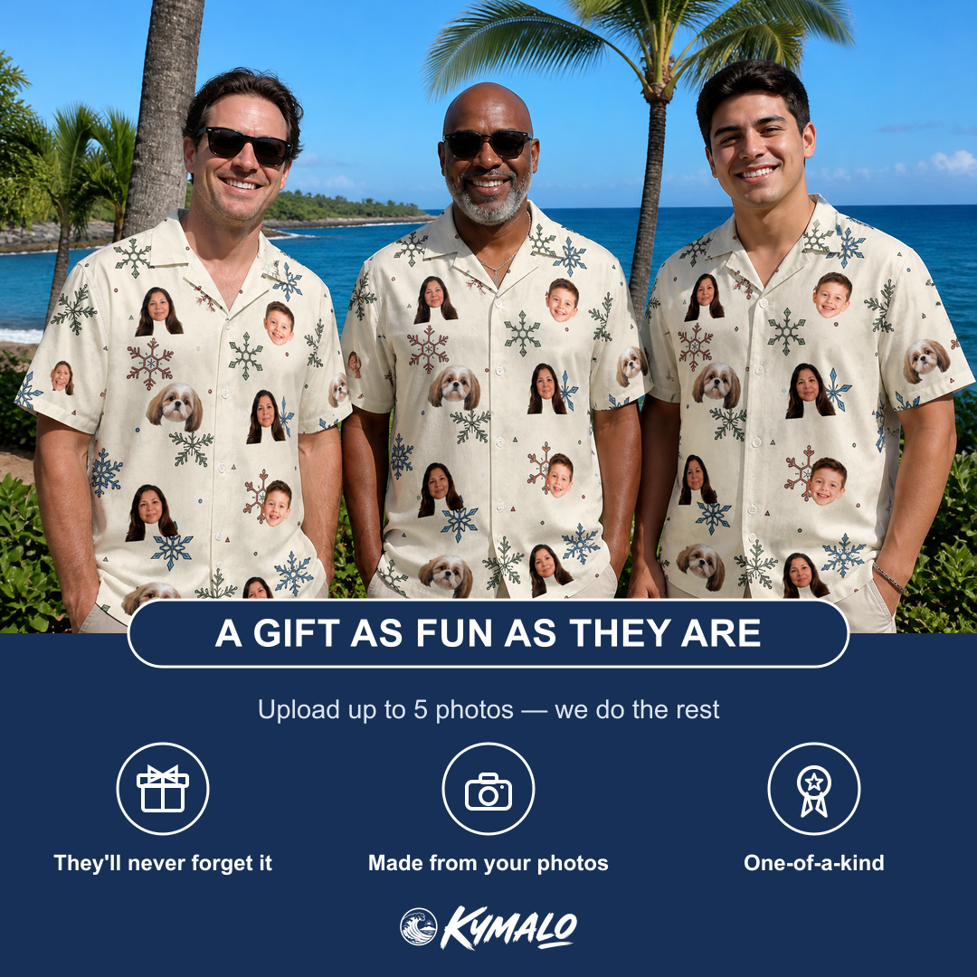 Friends in matching Men's Tinsel Tumble Custom Face Hawaiian Shirt — a group gift photo