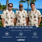 Friends in matching Men's Tinsel Tumble Custom Face Hawaiian Shirt — a group gift photo