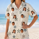 Model wearing Women's Tinsel Tumble Custom Face Hawaiian Shirt printed with kids' faces