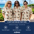 Friends in matching Women's Tinsel Tumble Custom Face Hawaiian Shirt — a group gift photo