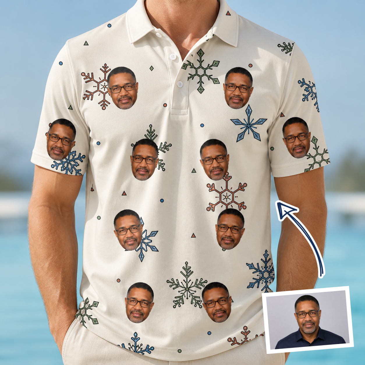 Man wearing Men's Tinsel Tumble Custom Face Polo Shirt — custom faces printed all-over