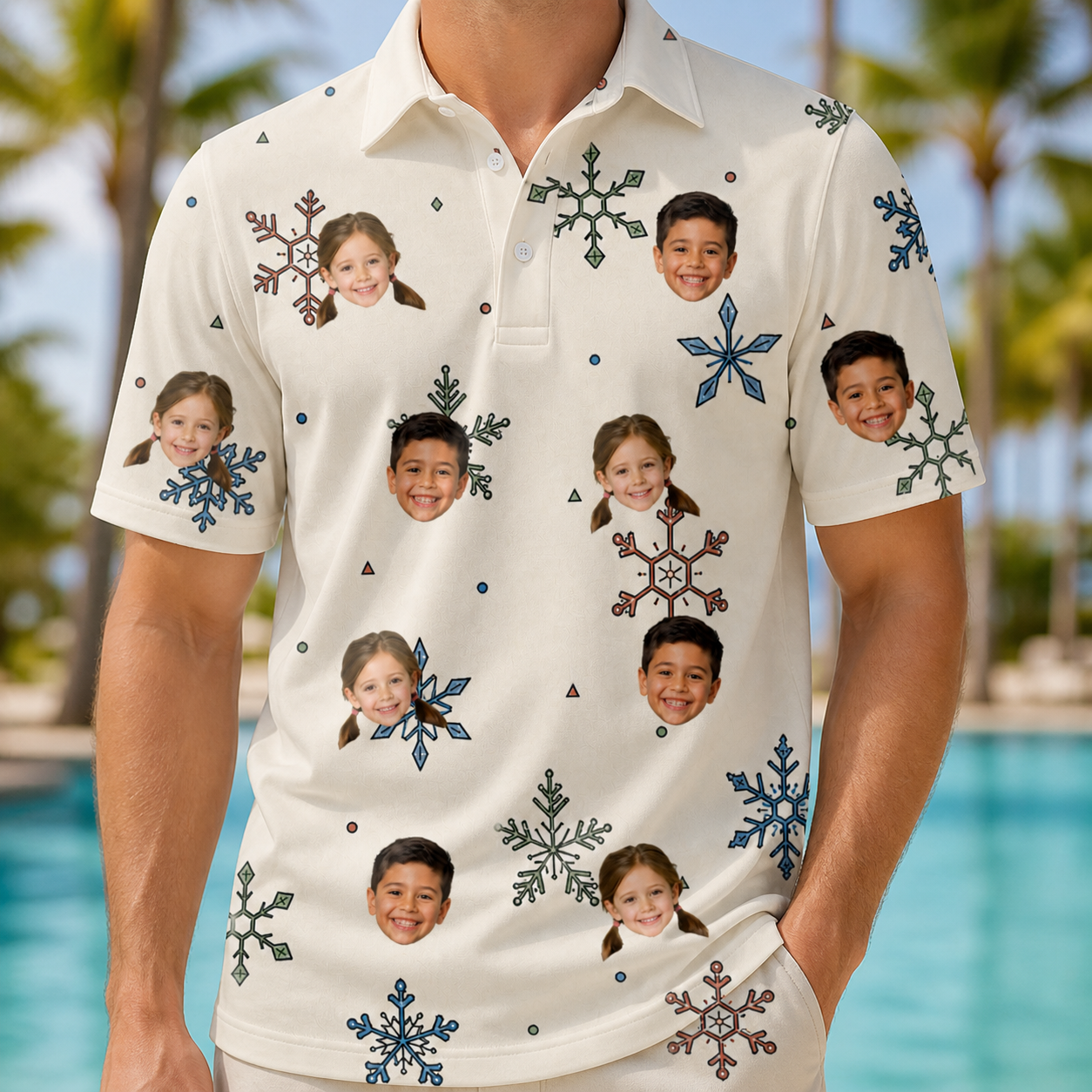 Model wearing Men's Tinsel Tumble Custom Face Polo Shirt printed with kids' faces
