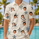 Model wearing Men's Tinsel Tumble Custom Face Polo Shirt printed with kids' faces