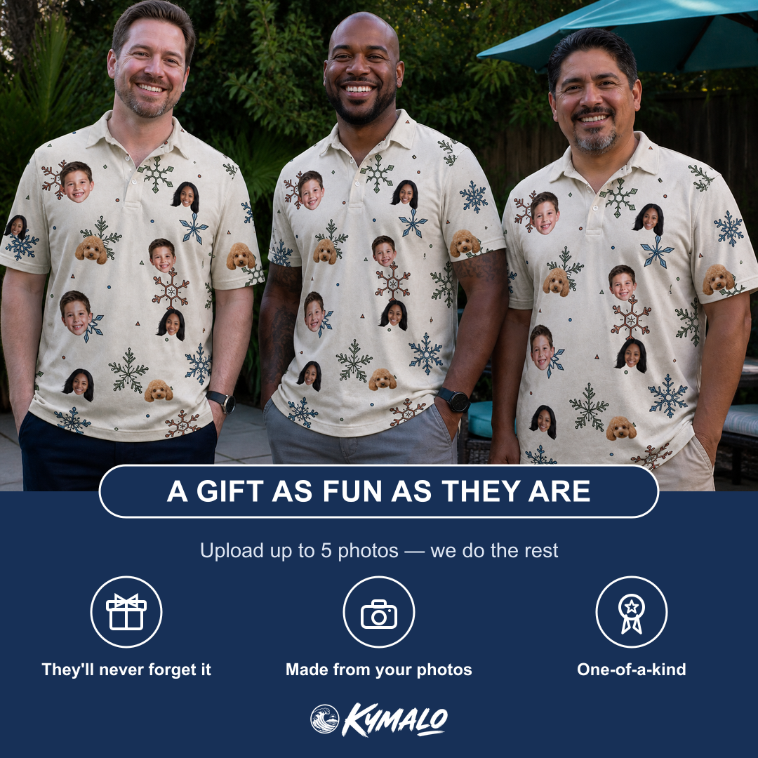 Friends in matching Men's Tinsel Tumble Custom Face Polo Shirt — a group gift photo