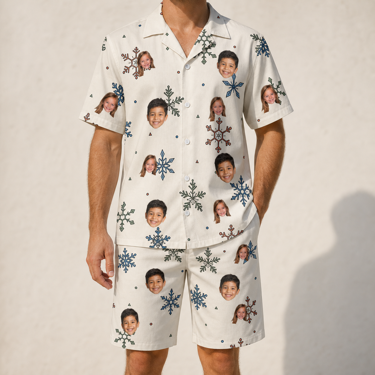Model wearing Men's Tinsel Tumble Custom Face Shirt & Shorts Set printed with kids' faces