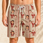 Model wearing Men's Jolly Jingle Custom Face Beach Shorts printed with kids' faces