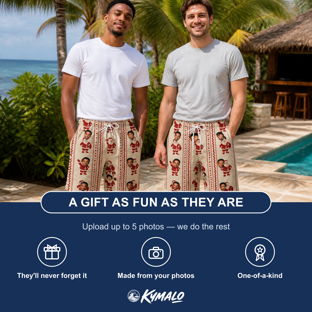 Friends in matching Men's Jolly Jingle Custom Face Beach Shorts — a group gift photo