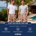 Friends in matching Men's Jolly Jingle Custom Face Beach Shorts — a group gift photo