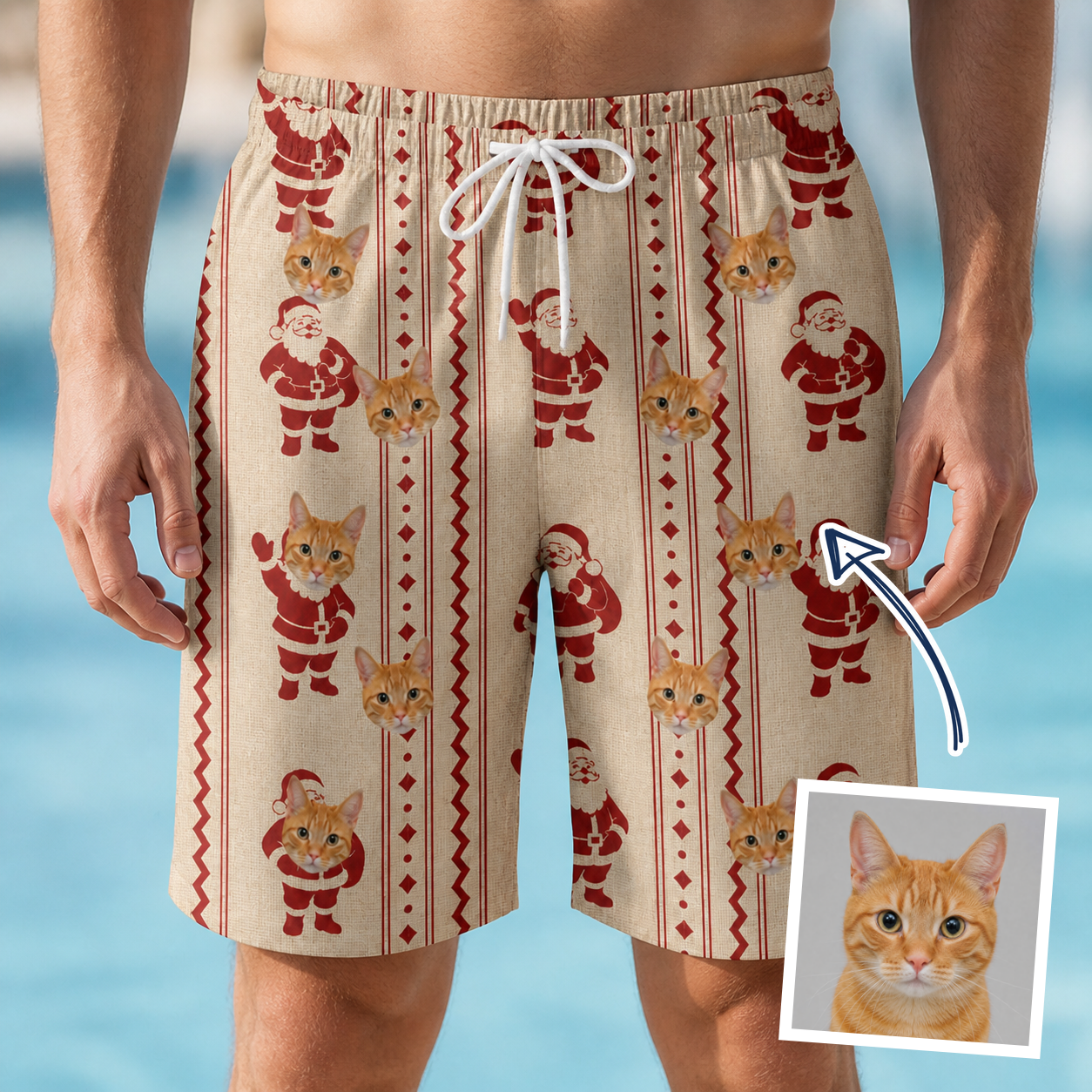 Man wearing Men's Jolly Jingle Custom Cat Face Beach Shorts — custom faces printed all-over