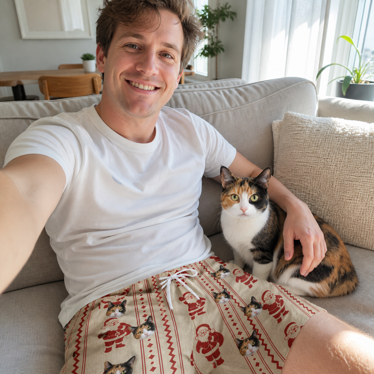 Selfie with the pet whose face is printed all over this Men's Jolly Jingle Custom Cat Face Beach Shorts