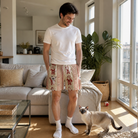 Full-length photo with the pet printed all over this Men's Jolly Jingle Custom Cat Face Beach Shorts