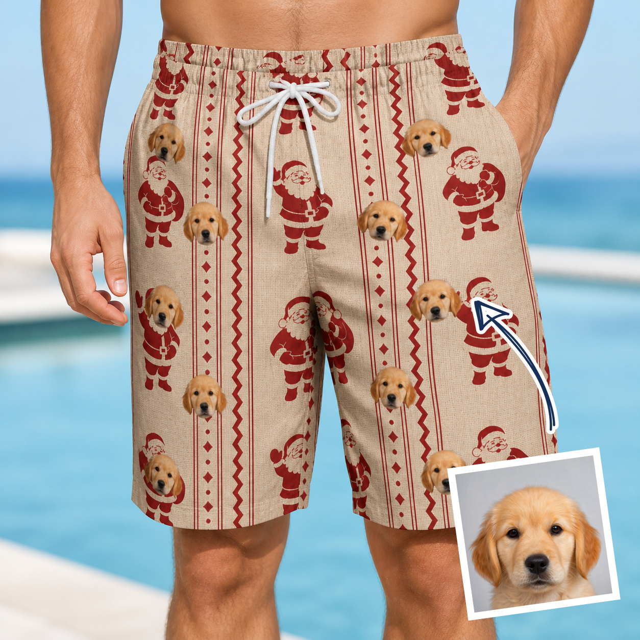 Man wearing Men's Jolly Jingle Custom Dog Face Beach Shorts — custom faces printed all-over