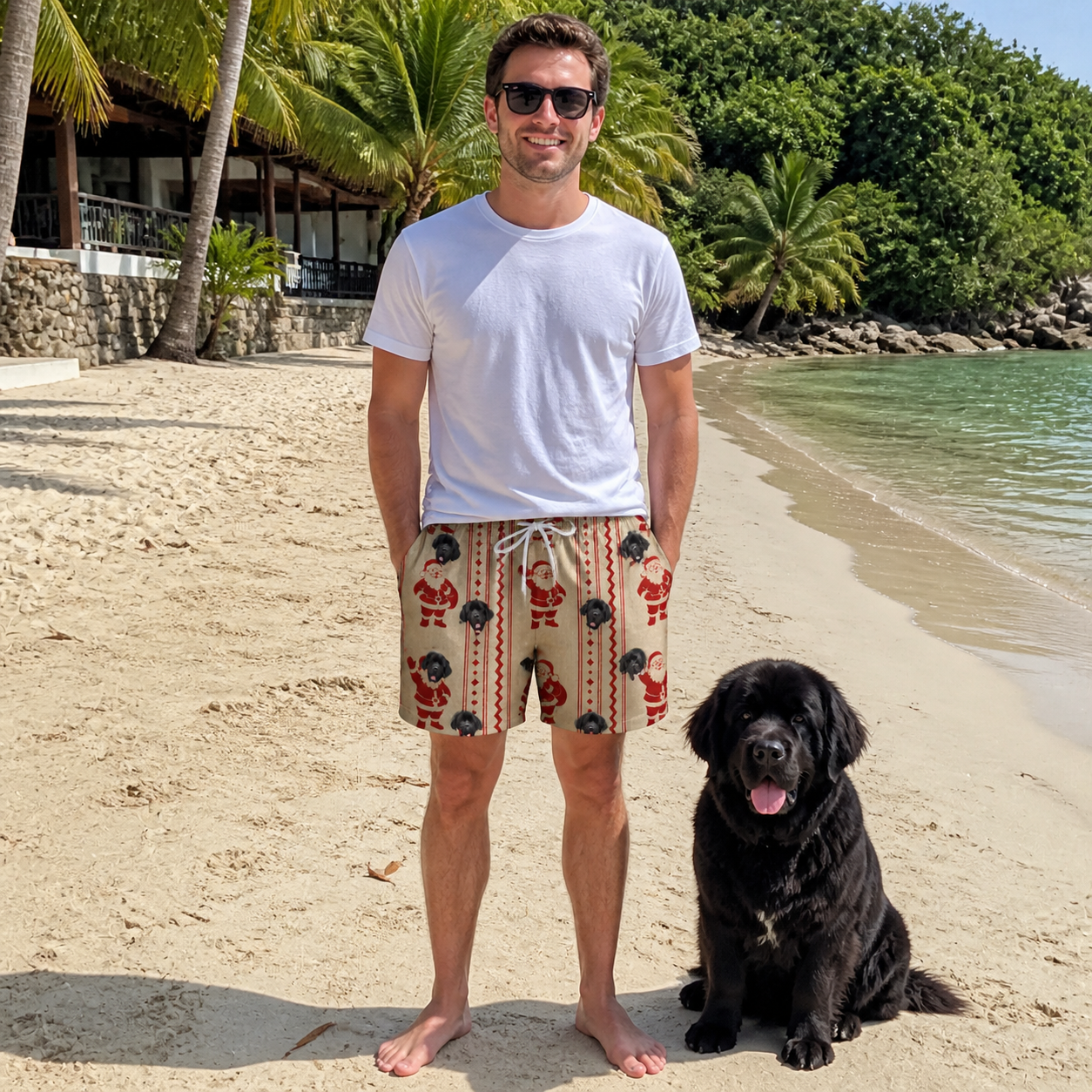 Full-length photo with the pet printed all over this Men's Jolly Jingle Custom Dog Face Beach Shorts