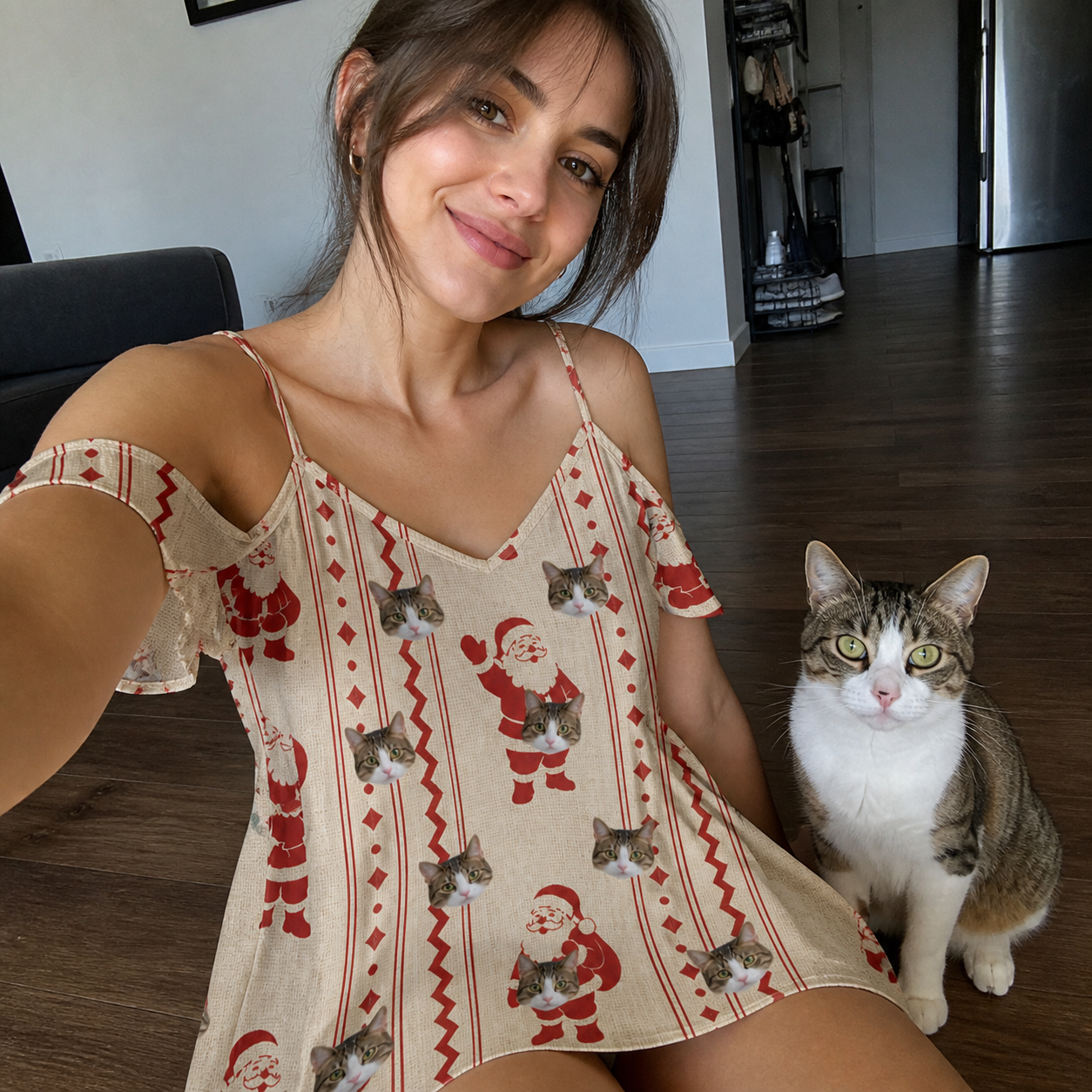 Selfie with the pet whose face is printed all over this Women's Jolly Jingle Custom Cat Face Off-Shoulder Dress