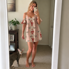 Full-length photo with the pet printed all over this Women's Jolly Jingle Custom Cat Face Off-Shoulder Dress