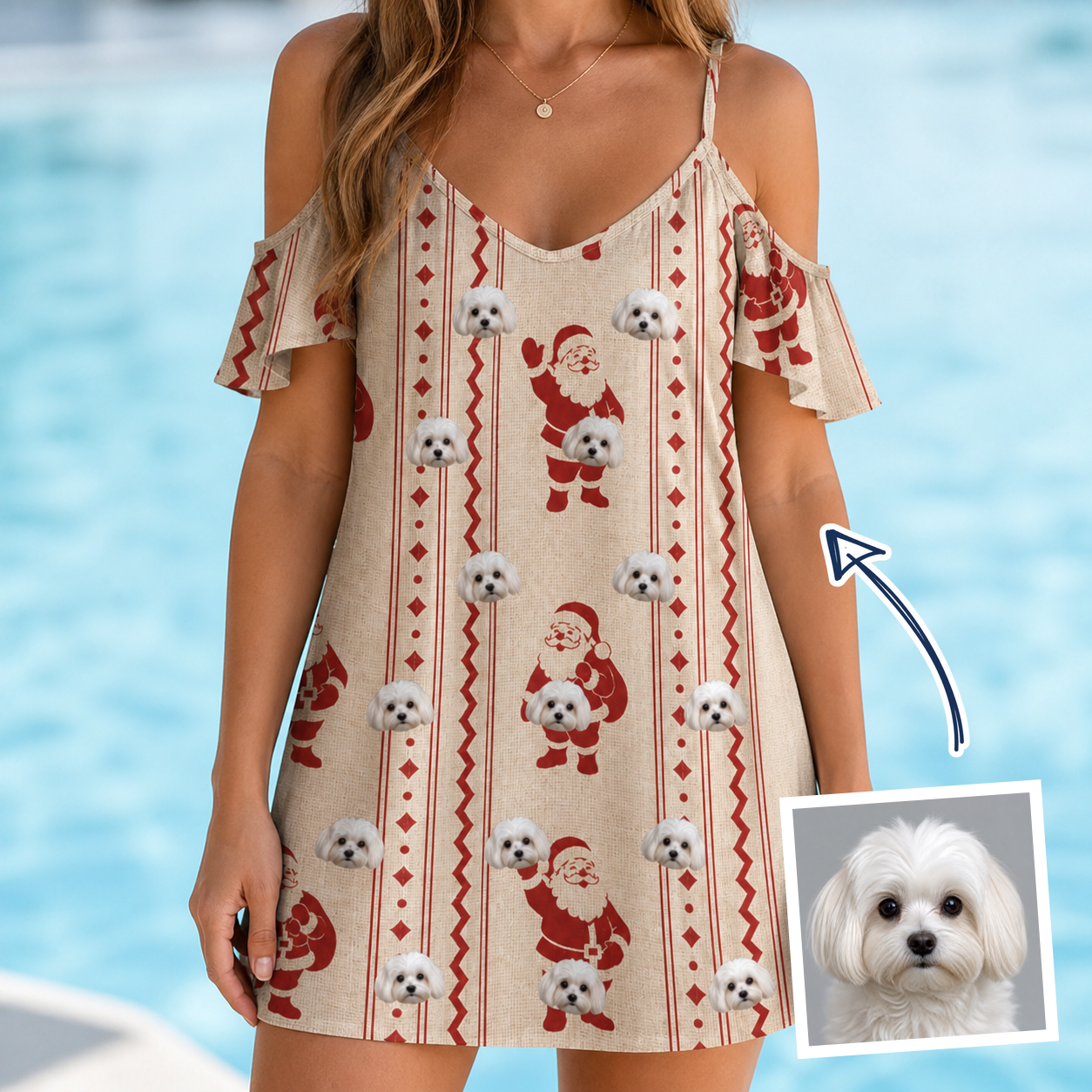 Woman wearing Women's Jolly Jingle Custom Dog Face Off-Shoulder Dress — custom faces printed all-over