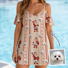 Woman wearing Women's Jolly Jingle Custom Dog Face Off-Shoulder Dress — custom faces printed all-over