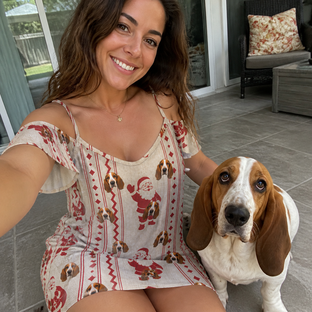 Selfie with the pet whose face is printed all over this Women's Jolly Jingle Custom Dog Face Off-Shoulder Dress