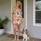 Full-length photo with the pet printed all over this Women's Jolly Jingle Custom Dog Face Off-Shoulder Dress
