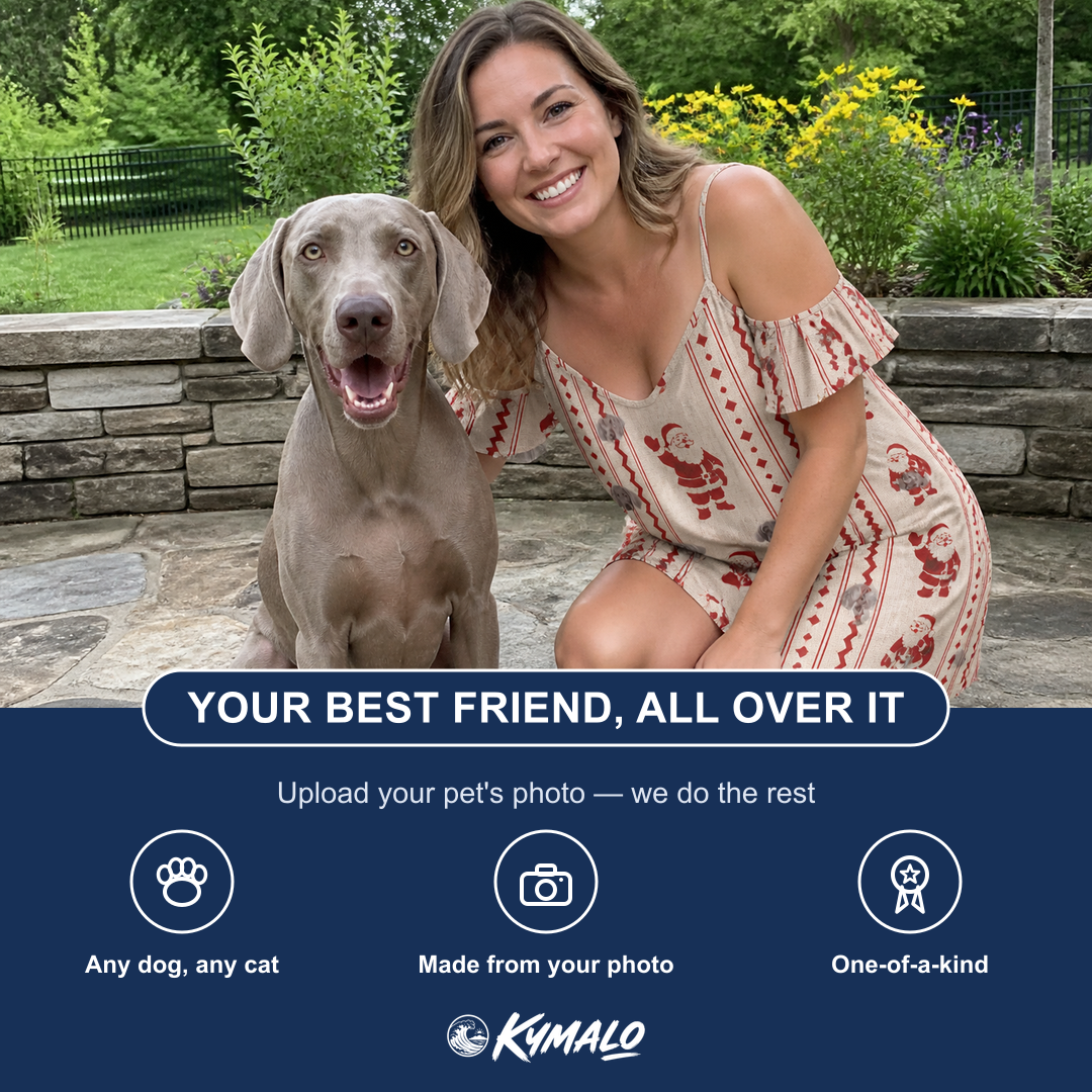 Friends in matching Women's Jolly Jingle Custom Dog Face Off-Shoulder Dress — a group gift photo