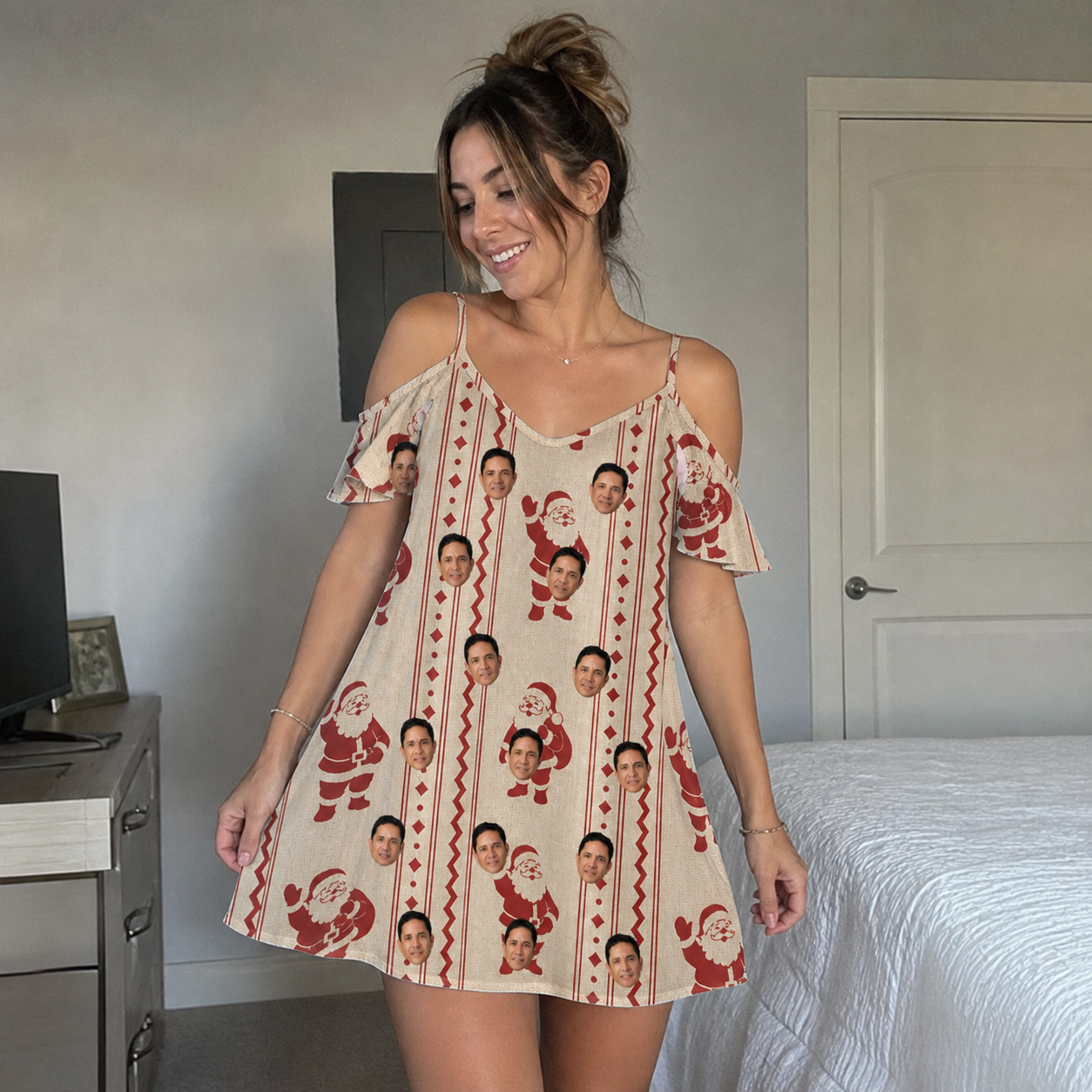 Real-life photo of someone wearing Women's Jolly Jingle Custom Face Off-Shoulder Dress — custom faces printed all-over