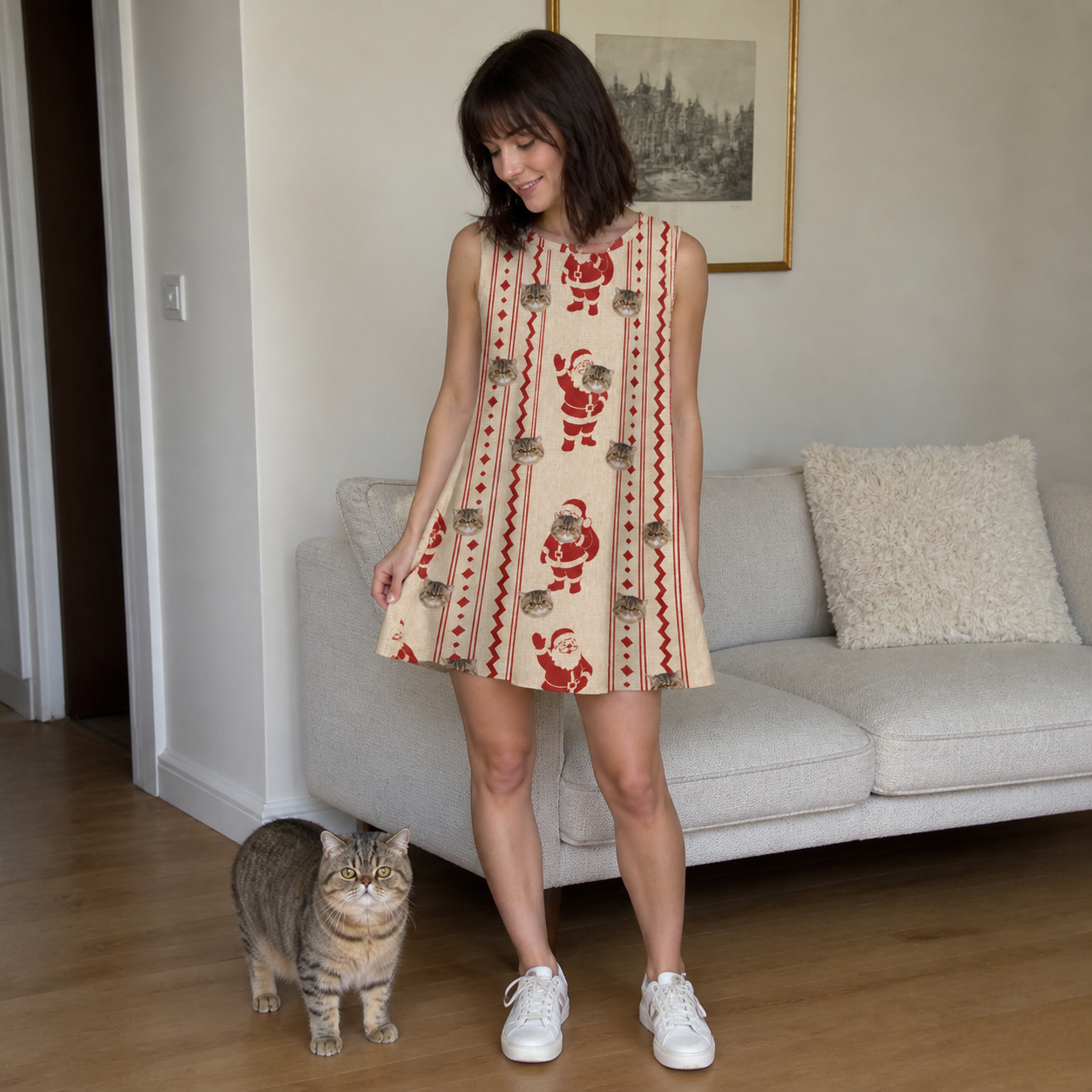 Full-length photo with the pet printed all over this Women's Jolly Jingle Custom Cat Face Tank Dress