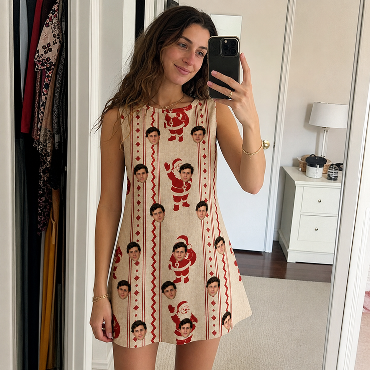 Real-life photo of someone wearing Women's Jolly Jingle Custom Face Tank Dress — custom faces printed all-over