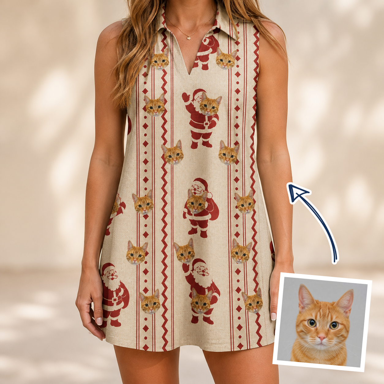 Woman wearing Women's Jolly Jingle Custom Cat Face V-Neck Dress — custom faces printed all-over