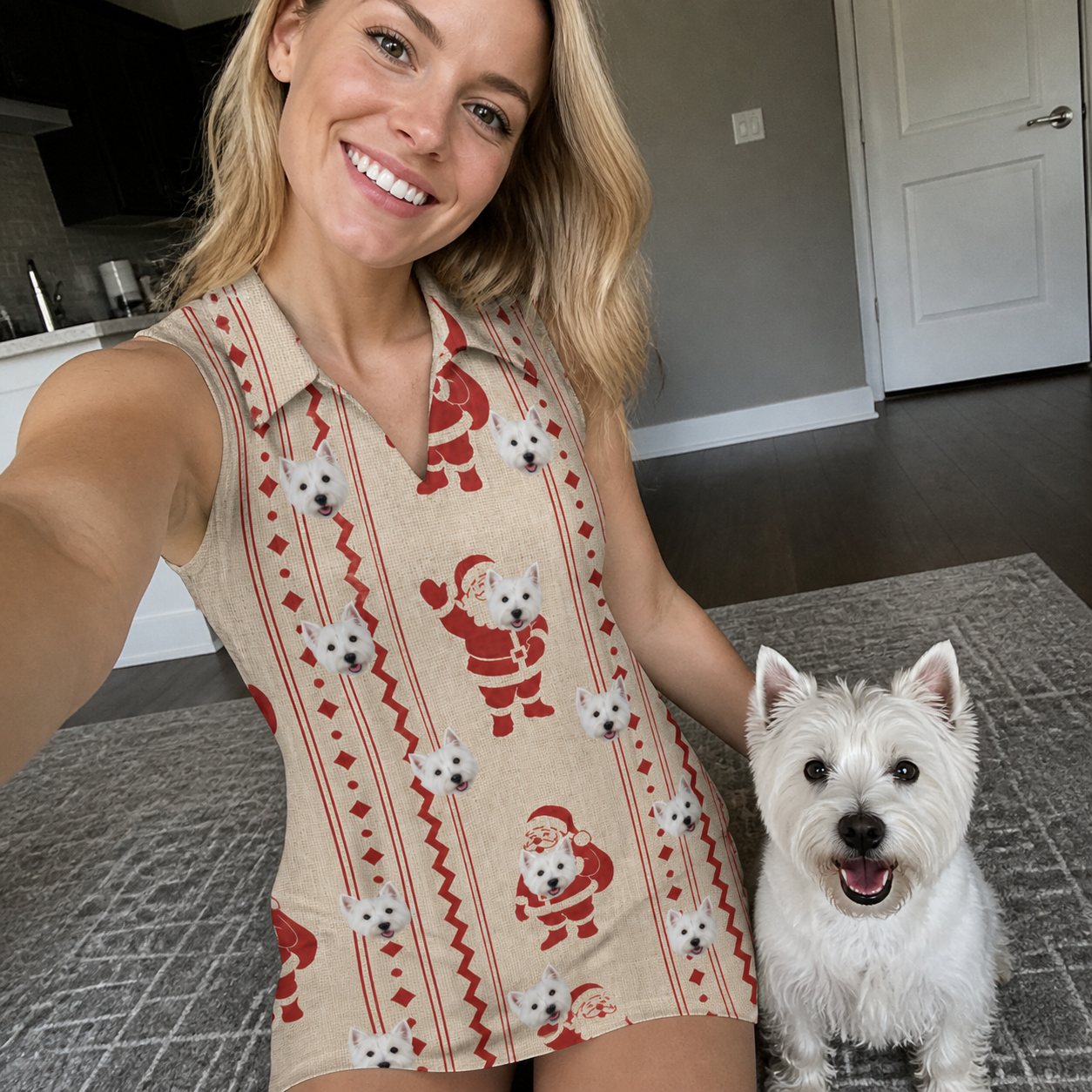 Selfie with the pet whose face is printed all over this Women's Jolly Jingle Custom Dog Face V-Neck Dress