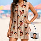 Woman wearing Women's Jolly Jingle Custom Face V-Neck Dress — custom faces printed all-over