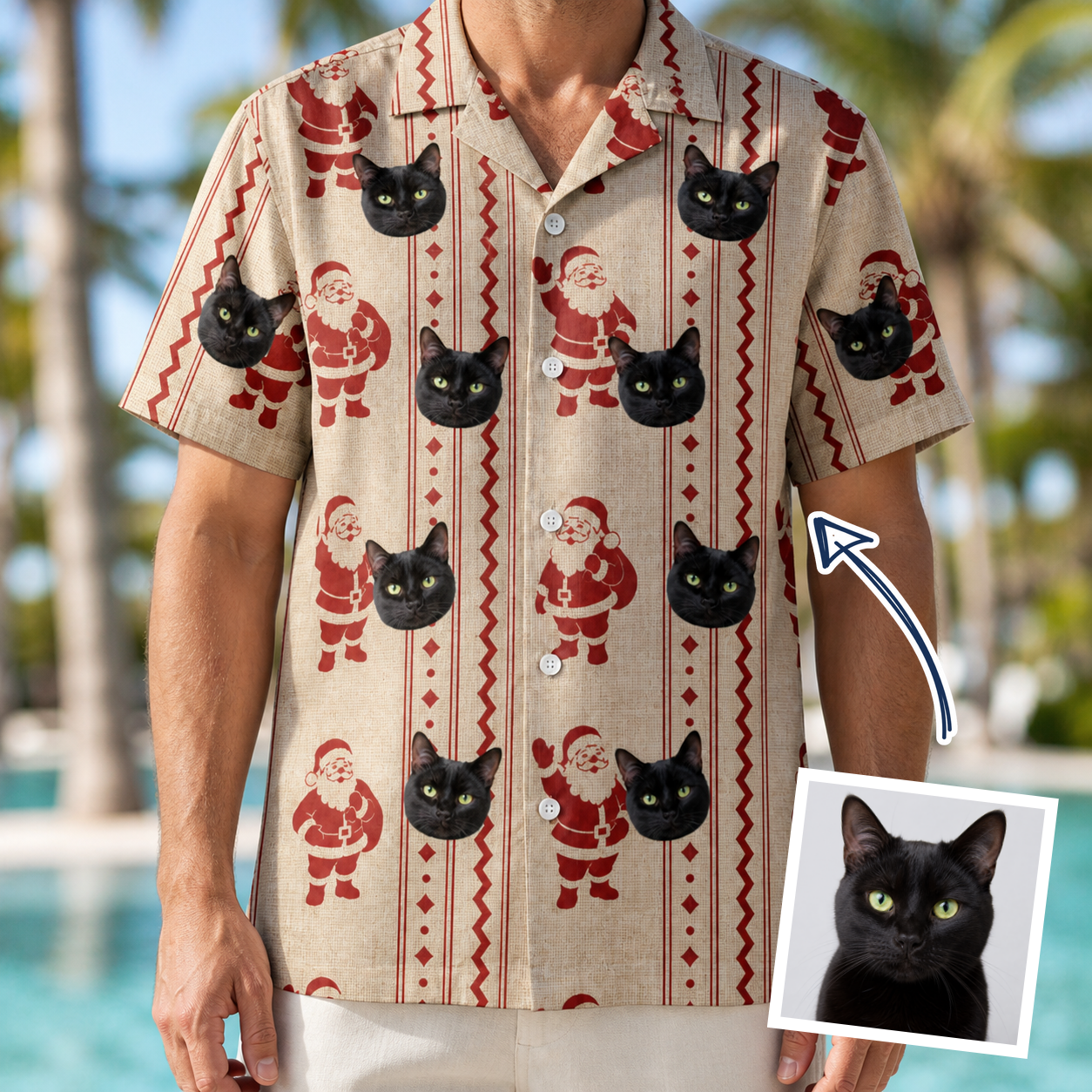 Man wearing Men's Jolly Jingle Custom Cat Face Hawaiian Shirt — custom faces printed all-over