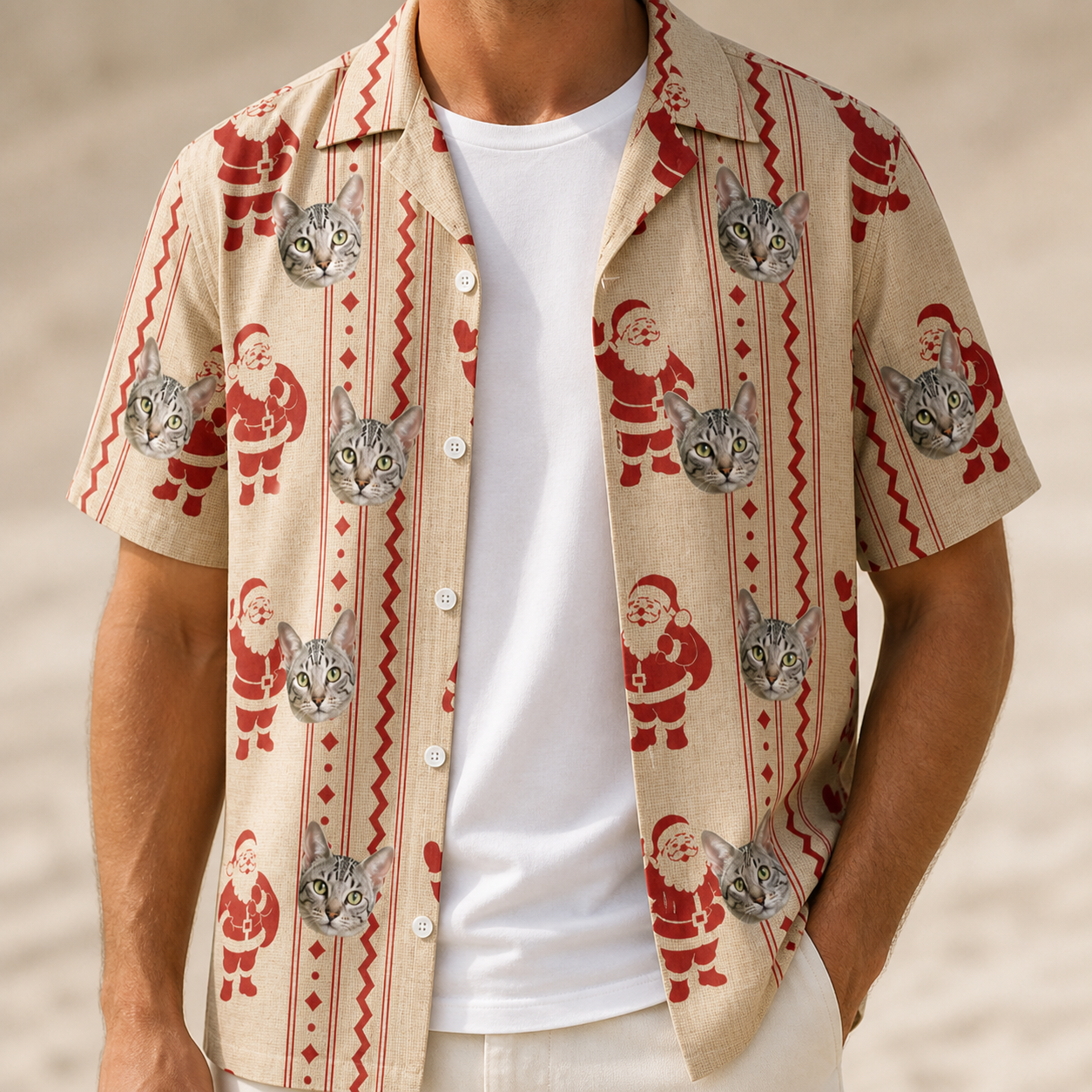 Man wearing Men's Jolly Jingle Custom Cat Face Hawaiian Shirt open over a white tee
