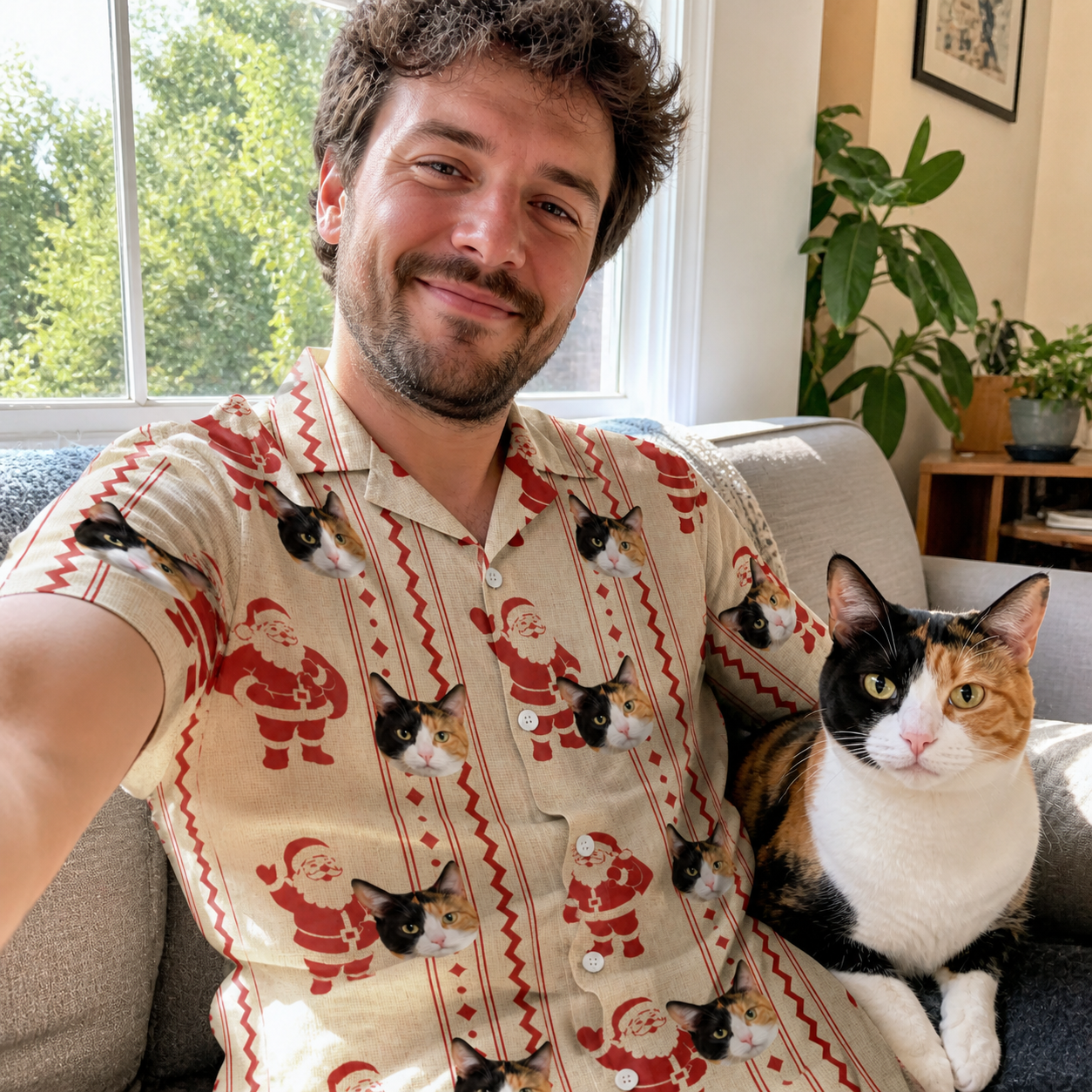Selfie with the pet whose face is printed all over this Men's Jolly Jingle Custom Cat Face Hawaiian Shirt