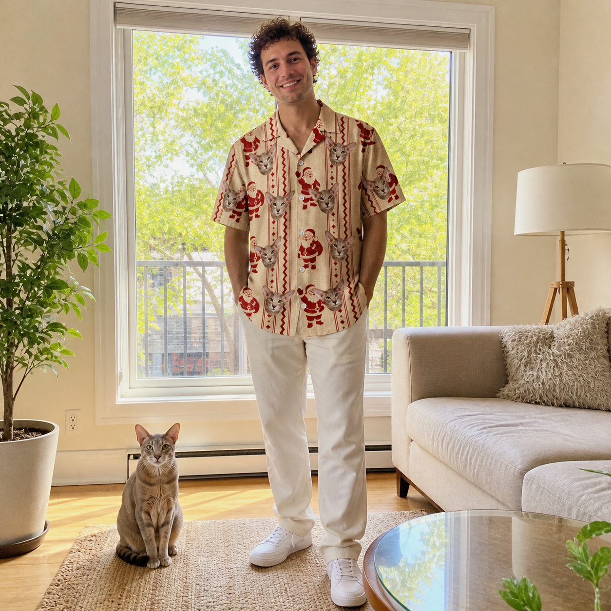 Full-length photo with the pet printed all over this Men's Jolly Jingle Custom Cat Face Hawaiian Shirt