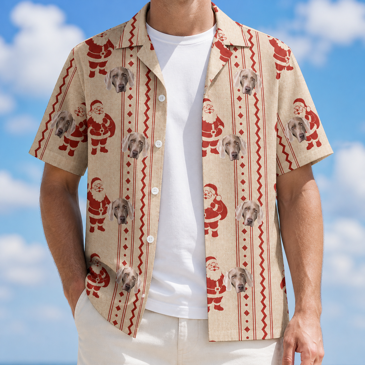 Man wearing Men's Jolly Jingle Custom Dog Face Hawaiian Shirt open over a white tee