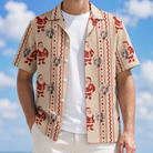 Man wearing Men's Jolly Jingle Custom Dog Face Hawaiian Shirt open over a white tee