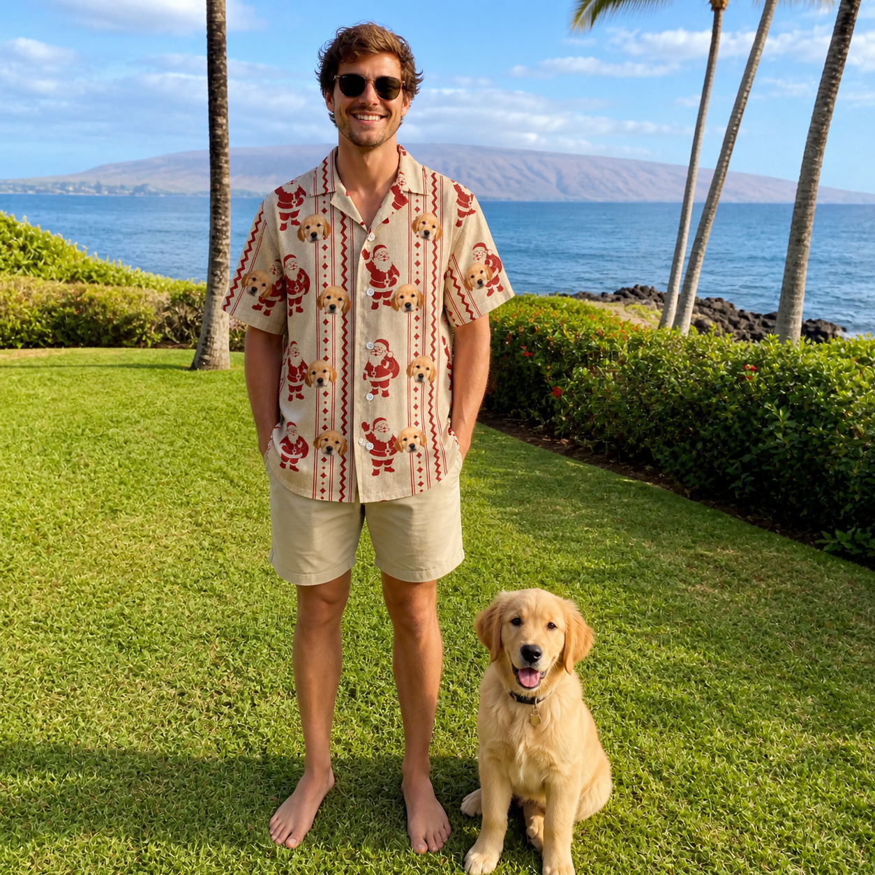 Full-length photo with the pet printed all over this Men's Jolly Jingle Custom Dog Face Hawaiian Shirt