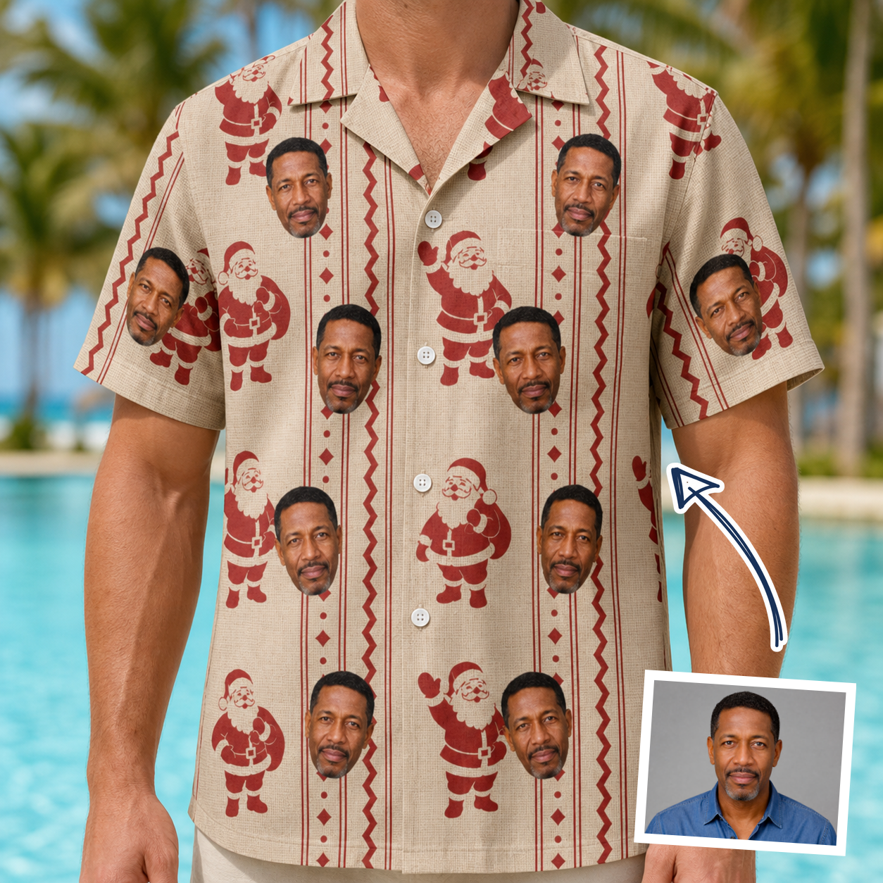 Man wearing Men's Jolly Jingle Custom Face Hawaiian Shirt — custom faces printed all-over