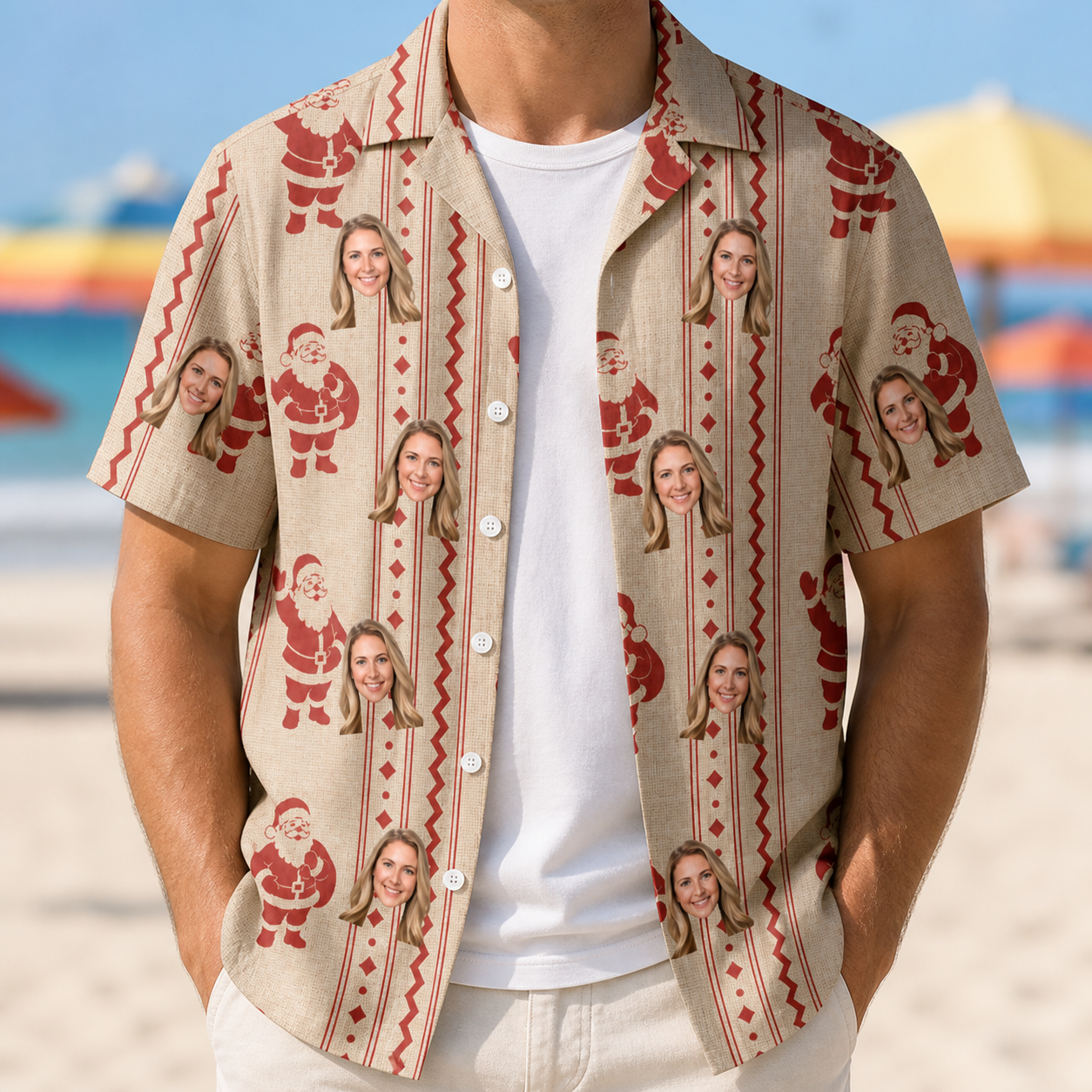 Man wearing Men's Jolly Jingle Custom Face Hawaiian Shirt open over a white tee