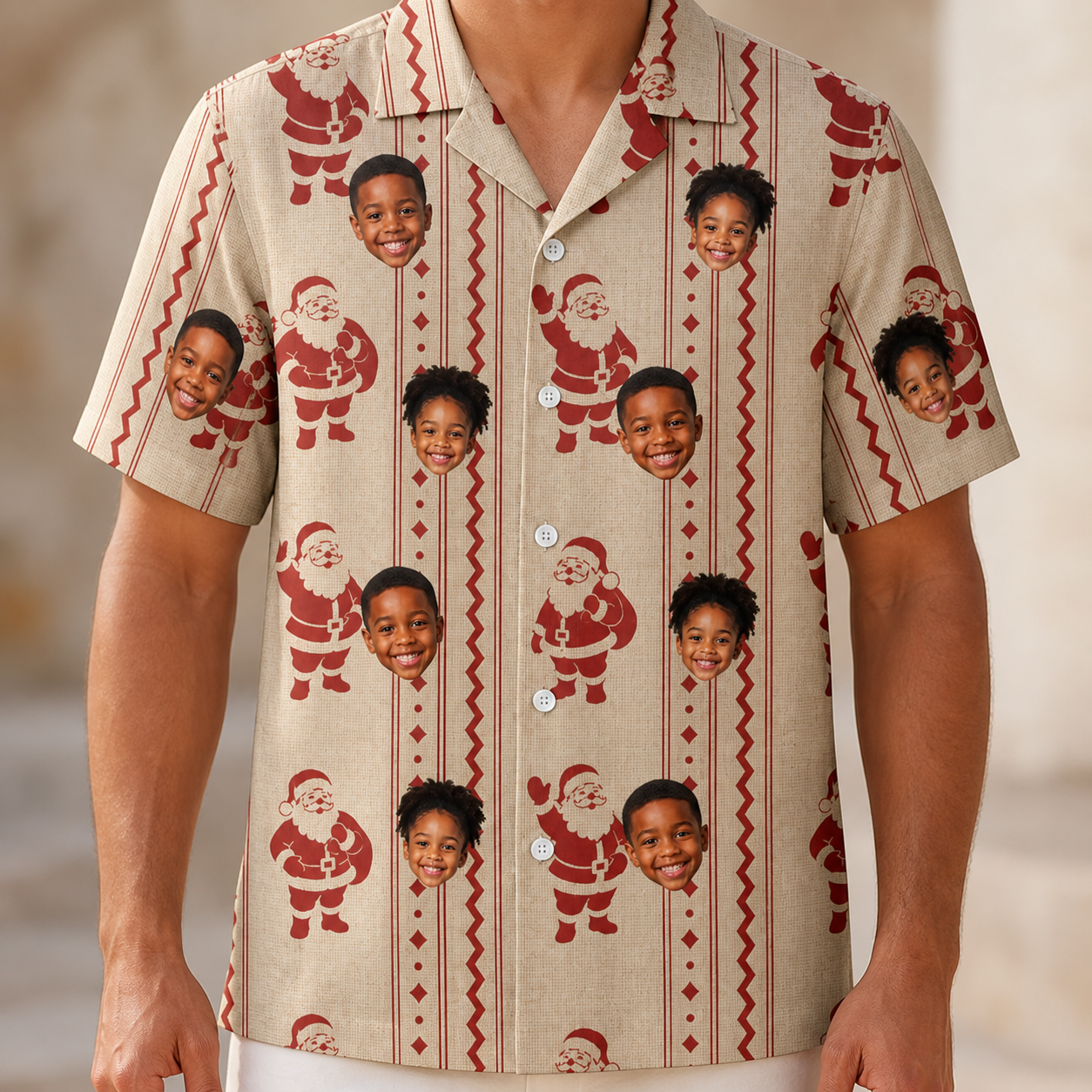 Model wearing Men's Jolly Jingle Custom Face Hawaiian Shirt printed with kids' faces