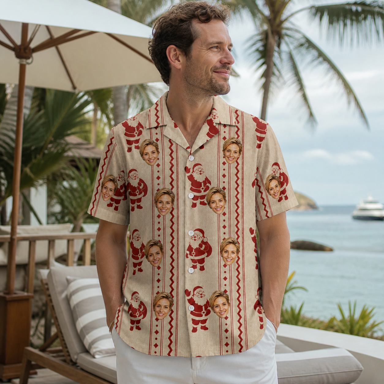 Real-life photo of someone wearing Men's Jolly Jingle Custom Face Hawaiian Shirt — custom faces printed all-over
