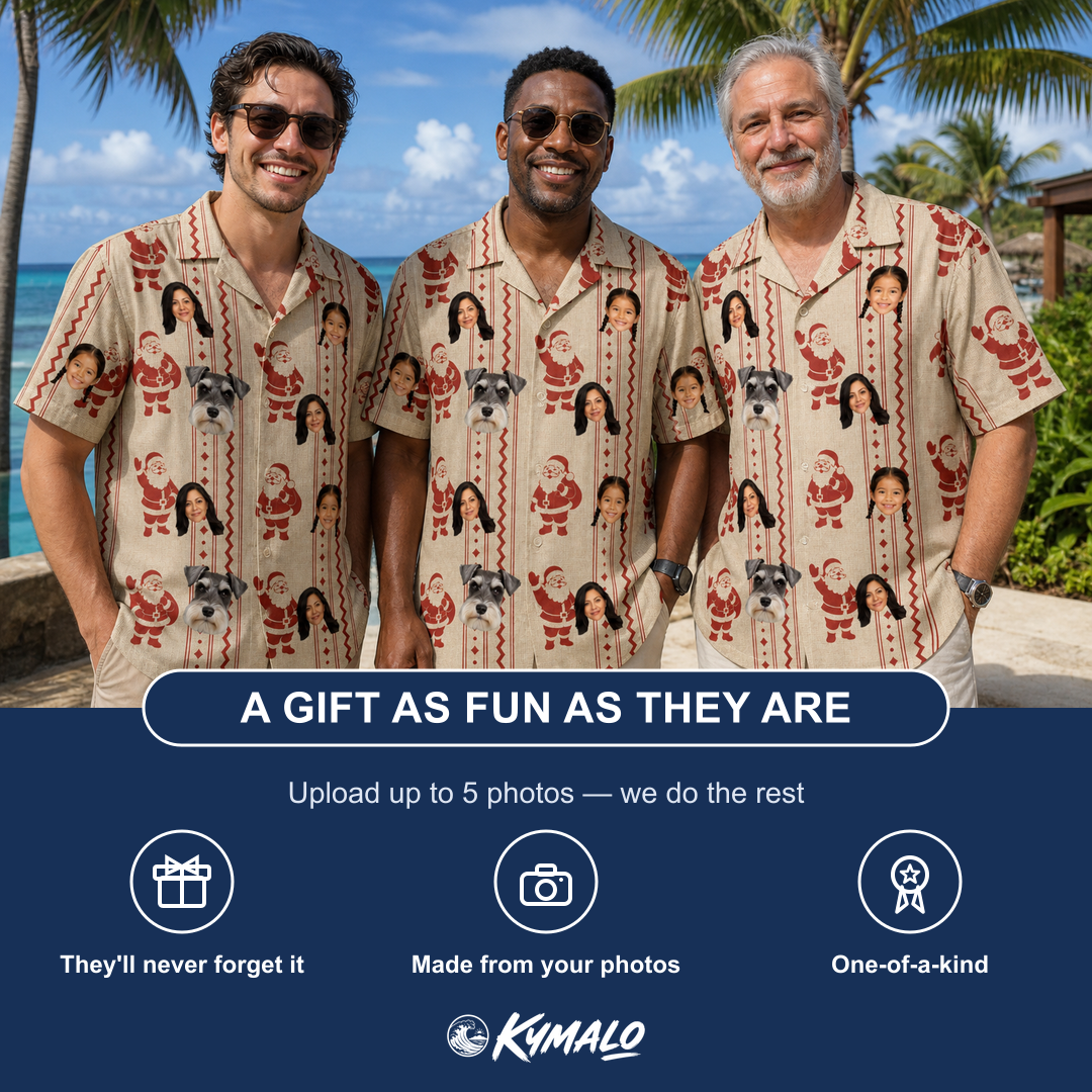 Friends in matching Men's Jolly Jingle Custom Face Hawaiian Shirt — a group gift photo
