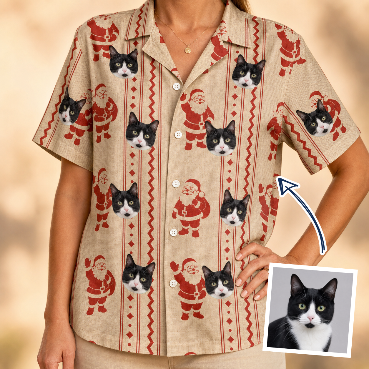 Woman wearing Women's Jolly Jingle Custom Cat Face Hawaiian Shirt — custom faces printed all-over