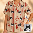 Woman wearing Women's Jolly Jingle Custom Cat Face Hawaiian Shirt — custom faces printed all-over