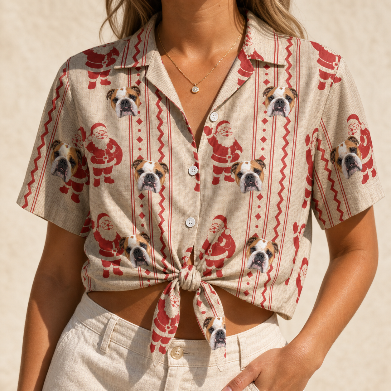 Woman wearing Women's Jolly Jingle Custom Dog Face Hawaiian Shirt tied at the waist