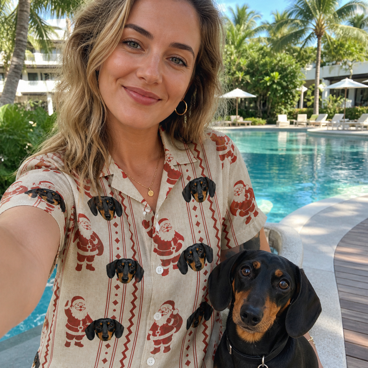 Selfie with the pet whose face is printed all over this Women's Jolly Jingle Custom Dog Face Hawaiian Shirt