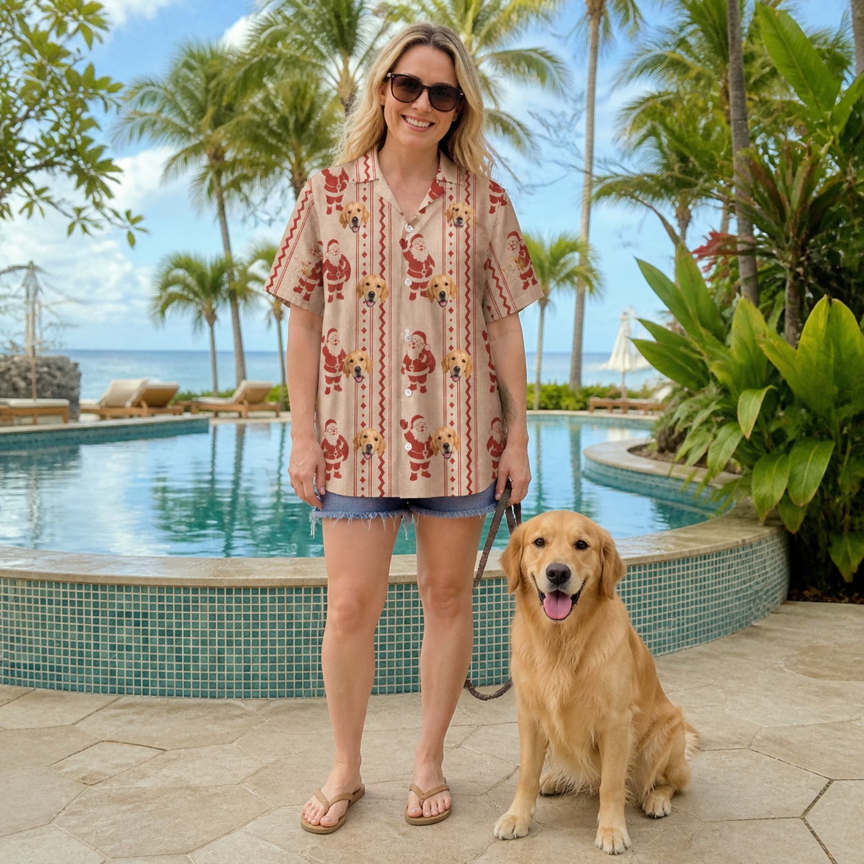 Full-length photo with the pet printed all over this Women's Jolly Jingle Custom Dog Face Hawaiian Shirt